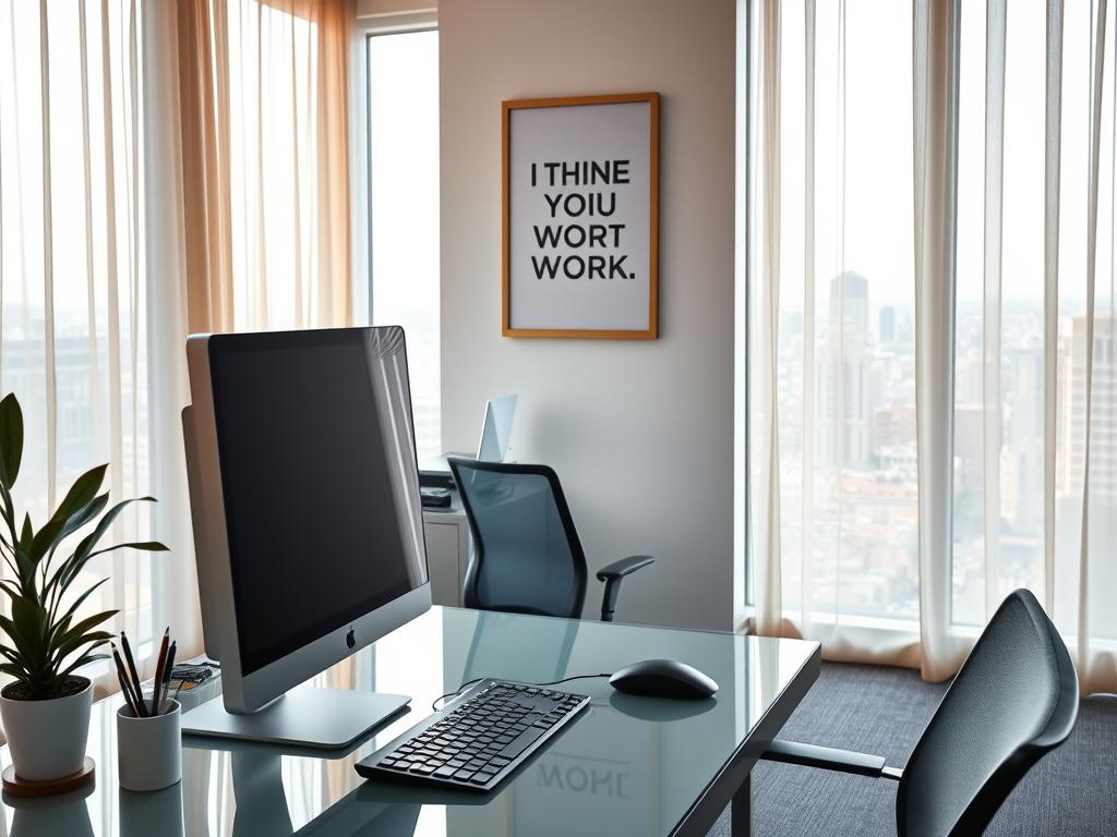 A well-lit, modern office setting with a clean, minimalist aesthetic. In the foreground, a desktop computer, keyboard, and mouse are neatly arranged on a sleek, glass-topped desk. On the desk, various office supplies like a pen holder, notepad, and a potted plant create a sense of professionalism. In the middle ground, a comfortable office chair and a large, framed motivational poster hang on the wall, suggesting a productive and focused work environment. The background features floor-to-ceiling windows overlooking a vibrant cityscape, bathed in warm, natural lighting that filters through sheer curtains. The overall atmosphere conveys a sense of seriousness and success in the world of online work.