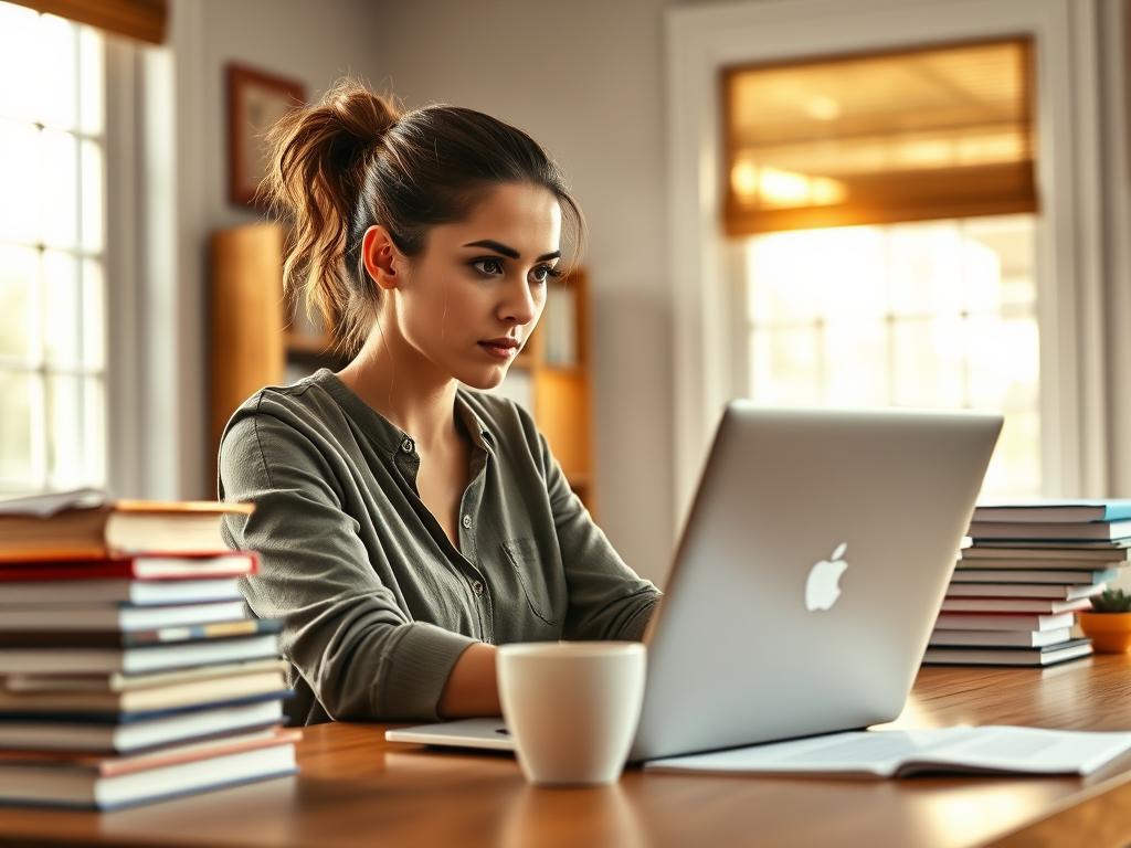 A woman sitting at a desk, intently focused on her laptop, surrounded by stacks of books and a cup of coffee. The room is well-lit, with natural light filtering in through a large window, casting a warm glow on her face. She wears a comfortable, casual outfit, her hair neatly tied back, and a determined expression as she navigates the digital world, searching for opportunities to earn additional income. The scene conveys a sense of productivity, efficiency, and the pursuit of financial independence.