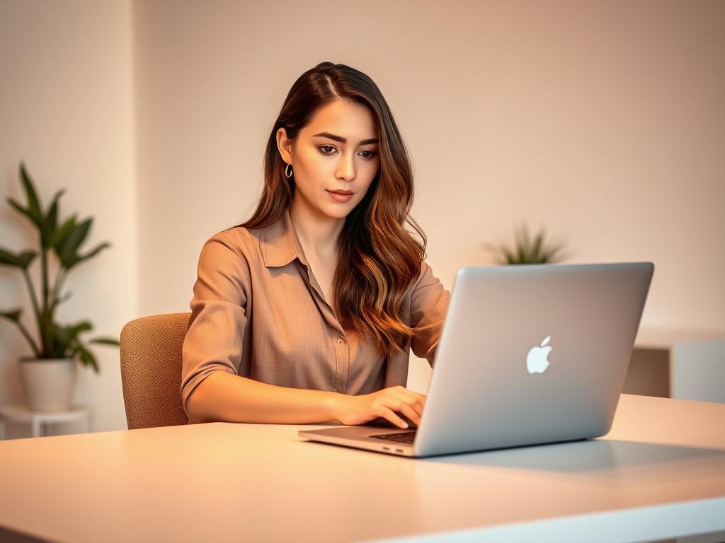A young, confident woman sitting at a modern, sleek desk, her laptop open and her gaze focused intently on the screen. Warm, soft lighting illuminates her face, creating a sense of concentration and determination. The background is a minimalist home office space, with clean lines, neutral tones, and a few potted plants, conveying a sense of productivity and balance. The woman's attire is professional yet stylish, reflecting her savvy approach to earning income through online freelancing and the gig economy. The overall mood is one of empowerment, as she navigates the digital landscape to achieve financial independence.