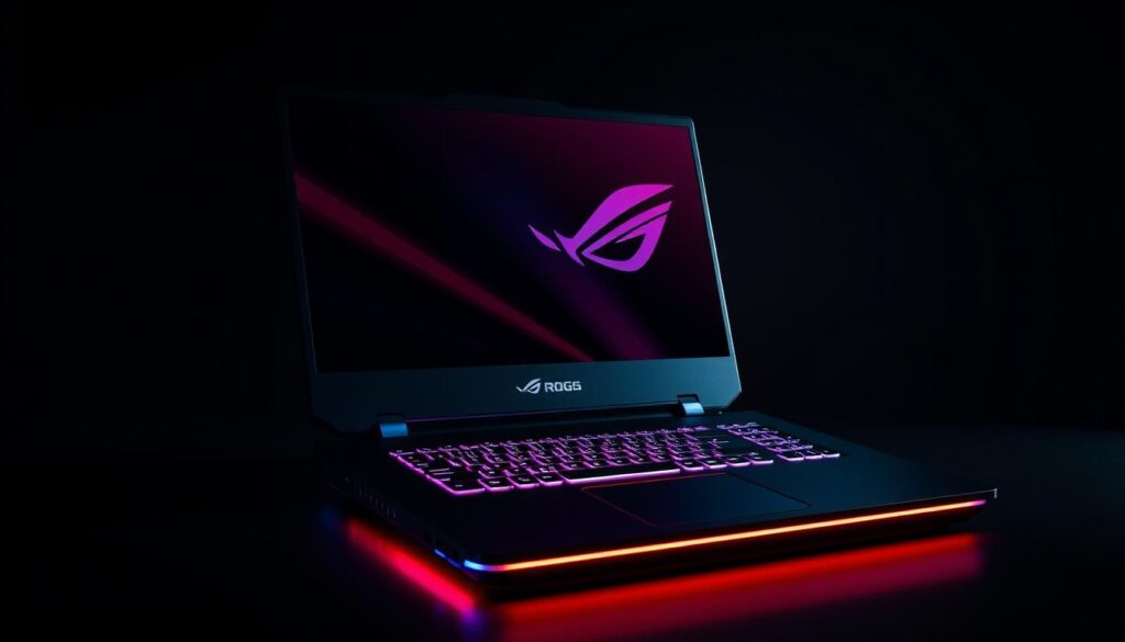 ASUS ROG Strix Scar 16 Gaming Laptop mit RGB-Beleuchtung und geöffnetem Display