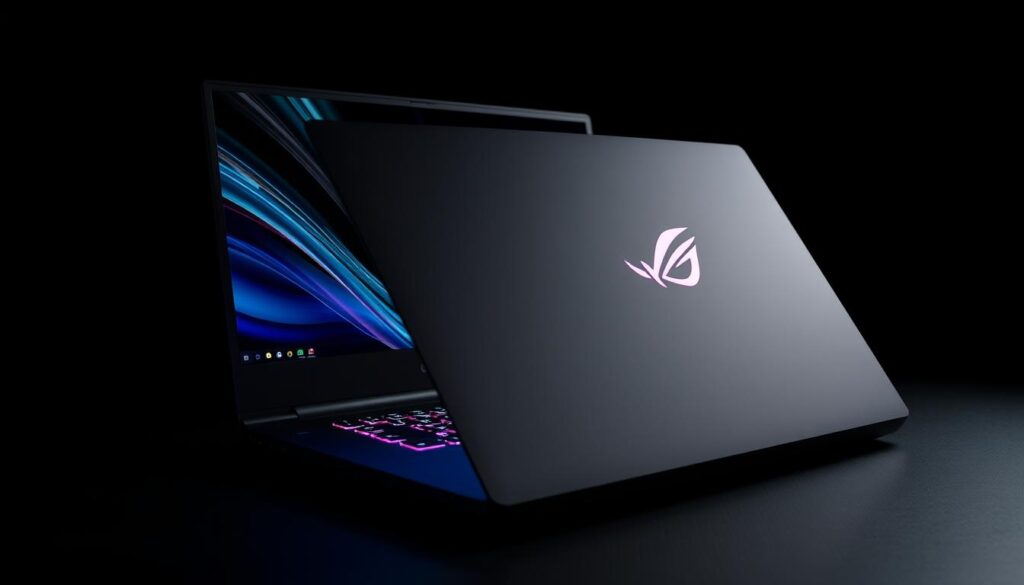 ASUS ROG Zephyrus G14 Gaming Laptop von vorne und seitlich mit beleuchtetem Display