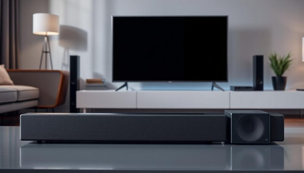 LG DS80QY Soundbar mit Subwoofer vor einem LG Fernseher