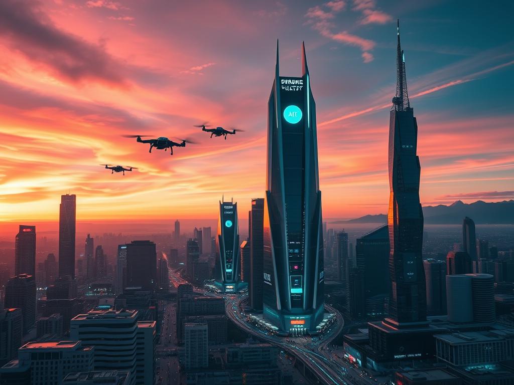 A futuristic cityscape against a vibrant, neon-tinged sky. In the foreground, towering skyscrapers with sleek, angular designs and glowing holographic displays. Hovering vehicles and drones dart between the buildings, while advanced robotics and AI-powered systems are visible on the streets below. The mid-ground features a bustling, hyper-connected urban landscape, with seamless integration of technology and human activity. In the background, distant mountains and landscapes hint at the expansion of this futuristic metropolis. The scene conveys a sense of rapid technological progress, innovation, and the evolution of ChatGPT-like AI assistants as integral components of the urban environment.