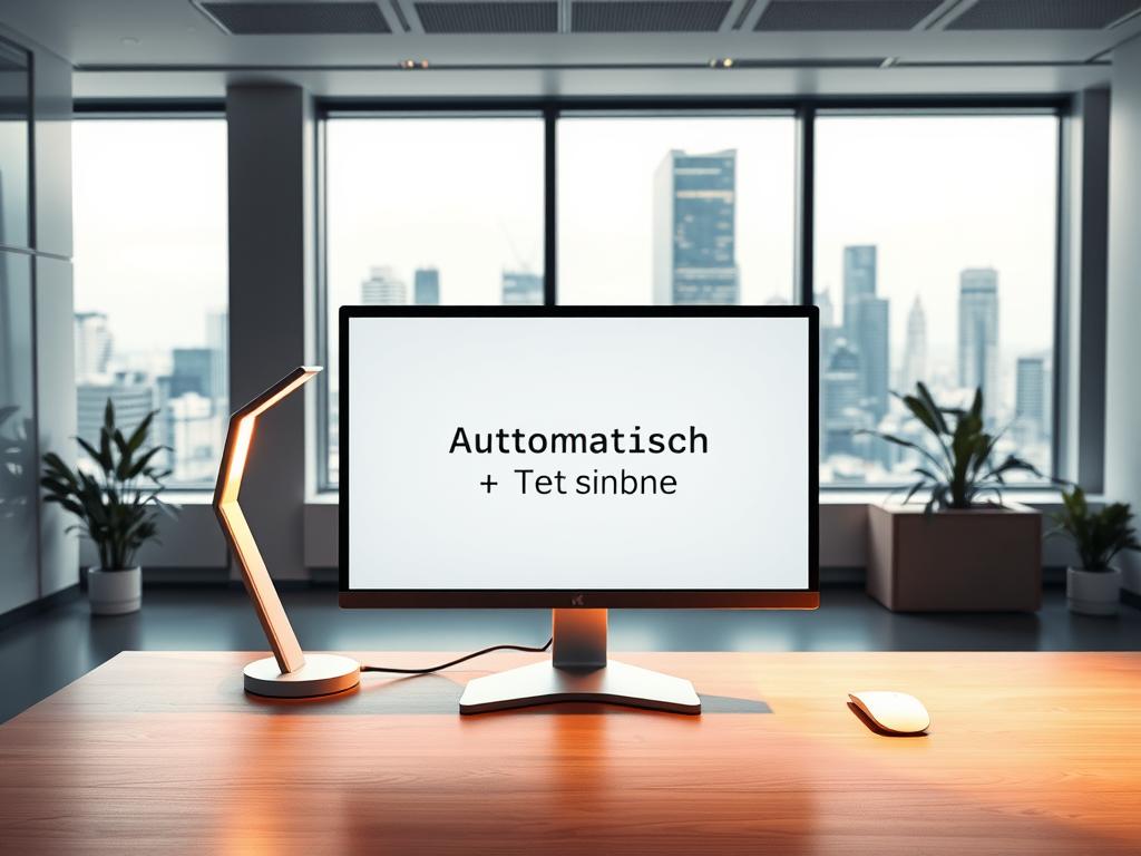 A futuristic office scene with a sleek, minimalist workspace. In the foreground, a modern computer monitor displays a document with the German text "Automatisch Text schreiben" against a clean, white background. The desk is made of smooth, polished wood, and a modern, angular lamp casts a warm, focused light on the work area. In the middle ground, the office is bathed in a soft, diffused natural light, with large windows overlooking a vibrant cityscape in the background. The overall atmosphere is one of efficiency, innovation, and technology-driven productivity.