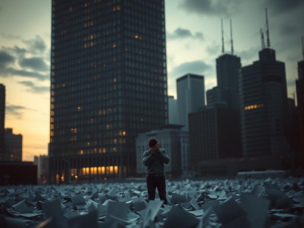 A gloomy cityscape at dusk, with a towering office building looming in the background, its windows casting an eerie glow. In the foreground, a lone figure stands amidst a sea of discarded papers, their head in their hands, symbolizing the challenges and limitations of the AI assistant. The scene is bathed in a somber, muted color palette, conveying a sense of frustration and disillusionment. The lighting is dramatic, with deep shadows and highlights that create a sense of tension and unease. The camera angle is slightly low, emphasizing the overwhelming scale of the building and the insignificance of the individual, reflecting the potential downsides and drawbacks of relying too heavily on AI technology.