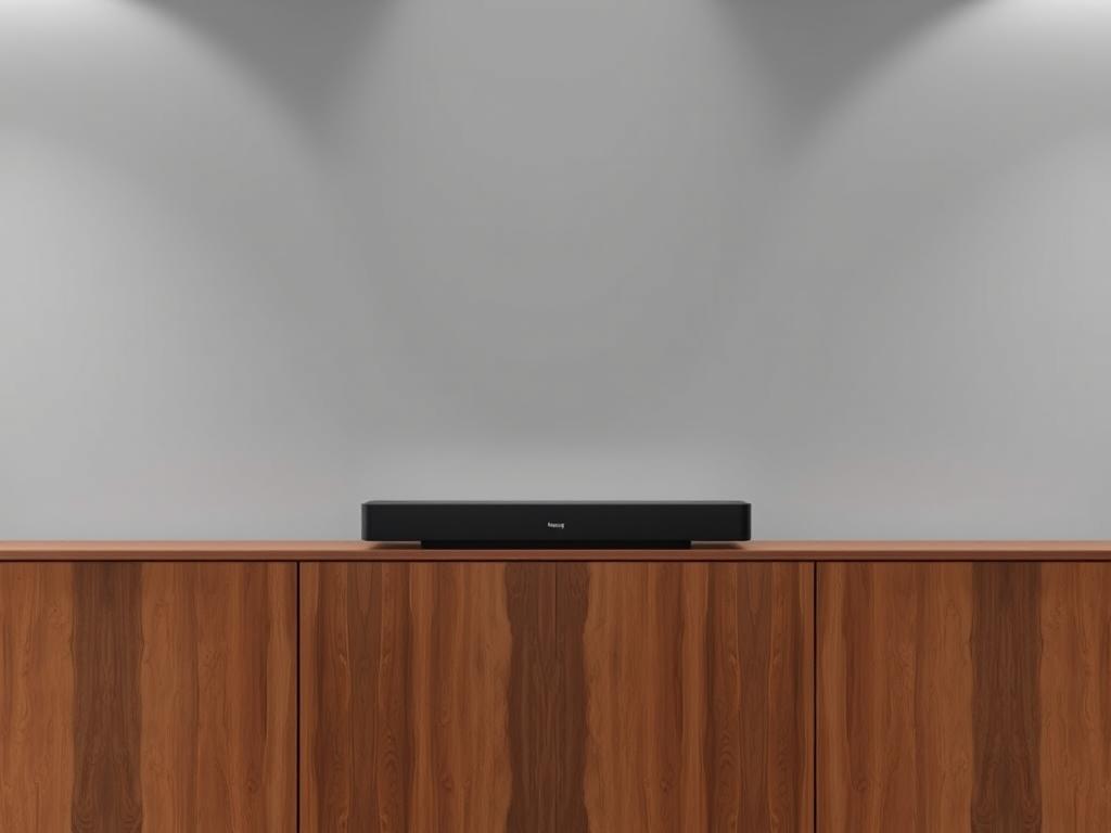 A modern, minimalist Klang soundbar in a sleek, black matte finish, positioned centrally on a wooden media console. The device is captured from a slightly low angle, highlighting its clean lines and substantial build. Soft, indirect lighting from above creates subtle shadows, emphasizing the soundbar's elegant silhouette. The background is a neutral, muted grey, allowing the soundbar to be the focal point. The overall mood is one of refined sophistication, reflecting the high-quality audio performance expected from the Klang brand.