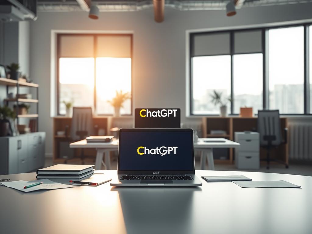 A modern, minimalist office setting with a prominent desk and chair arrangement. On the desk, a laptop displaying the ChatGPT logo, surrounded by various office supplies and documents. In the background, large windows provide natural lighting, casting a warm, focused glow on the scene. The atmosphere is one of productivity and technological innovation, capturing the practical applications of the ChatGPT language model. The composition emphasizes the central role of the AI assistant in the contemporary workplace.