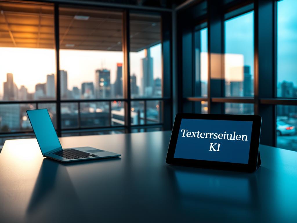 A professional office workspace with a minimalist desk, a laptop, and a tablet displaying the text "Texterstellung KI". The desk is illuminated by warm, directional lighting, casting subtle shadows and highlighting the clean, modern aesthetic. In the background, a large window overlooking a bustling city skyline, suggesting a sense of productivity and innovation. The overall mood is one of focused, efficient AI-assisted text generation, reflecting the challenges and solutions explored in the article.