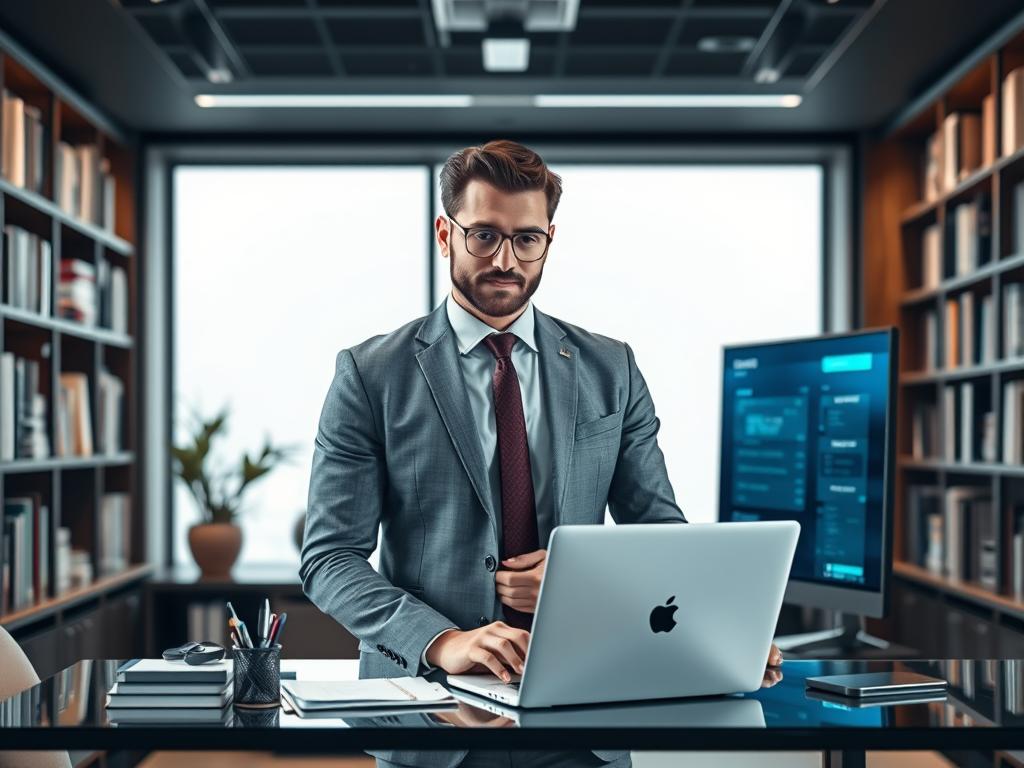 A professional, well-dressed AI writer standing confidently in a sleek, modern office environment. The writer is focused on a laptop, surrounded by the tools of their trade - a stylish desk, bookshelves filled with reference materials, and a large, high-resolution display. Soft, directional lighting creates depth and highlights the writer's face, conveying a sense of thoughtfulness and creativity. The overall atmosphere is one of productivity, technology, and the intersection of human and artificial intelligence in content creation.