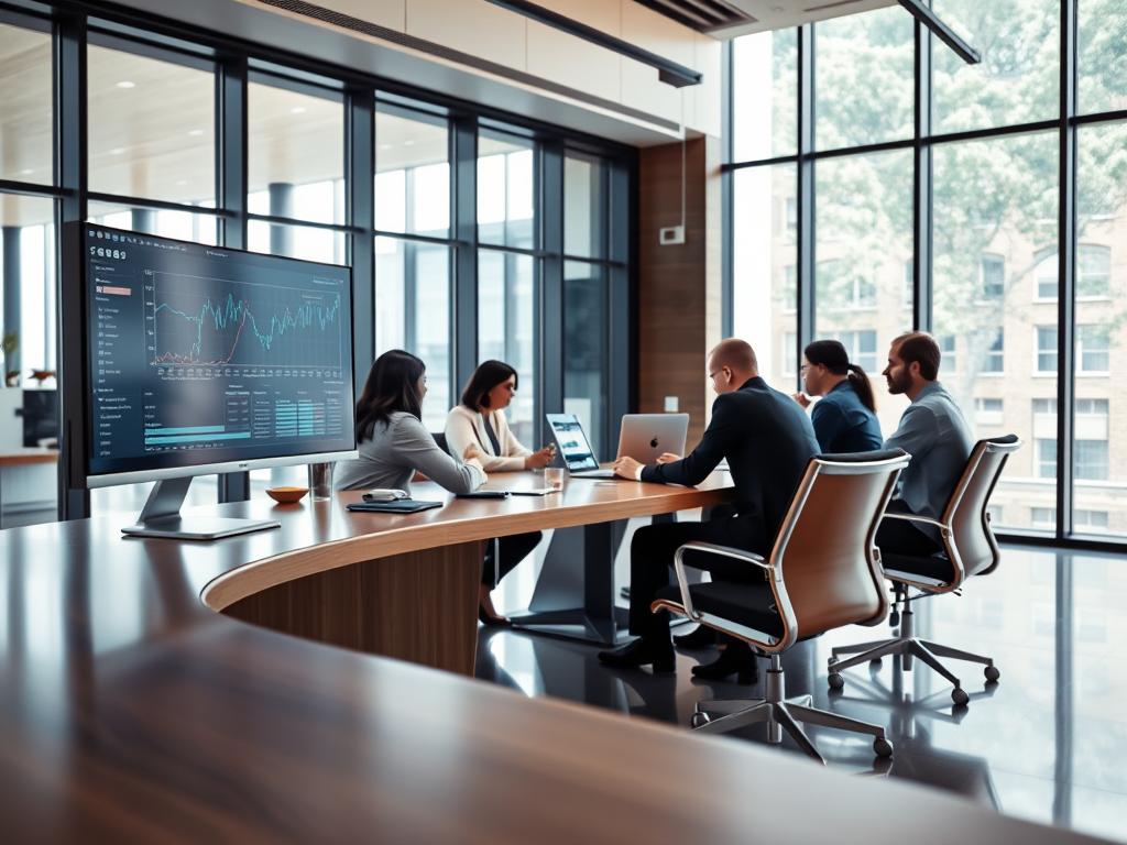 A sleek, modern office setting with a large, curved workstation desk in the foreground. The desk is made of polished wood and metal, with a high-resolution monitor displaying a complex data visualization. In the middle ground, a group of professionals sit around a conference table, engaged in an intense discussion, their body language and facial expressions conveying the dynamic nature of their user interaction. The background features floor-to-ceiling windows, allowing natural light to flood the space and create a sense of openness and collaboration. The overall atmosphere is one of focused productivity, with a touch of technological sophistication.
