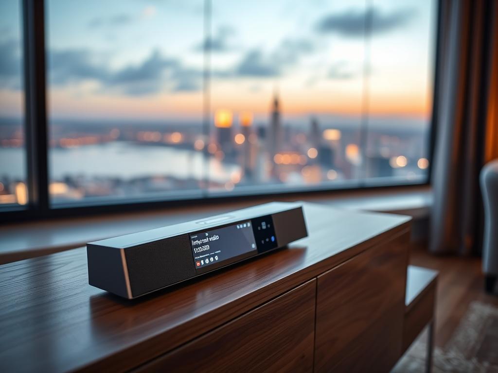 A sleek, modern soundbar resting on a minimalist wooden media console, its clean lines and brushed metal accents reflecting the soft, ambient lighting of the room. The soundbar's display panel glows with the station and volume information of an internet radio station, the interface intuitive and easy to navigate. In the background, a large window overlooks a peaceful urban skyline, the city lights twinkling in the distance. The overall scene conveys a sense of sophisticated technology seamlessly integrated into a cozy, relaxing living space.