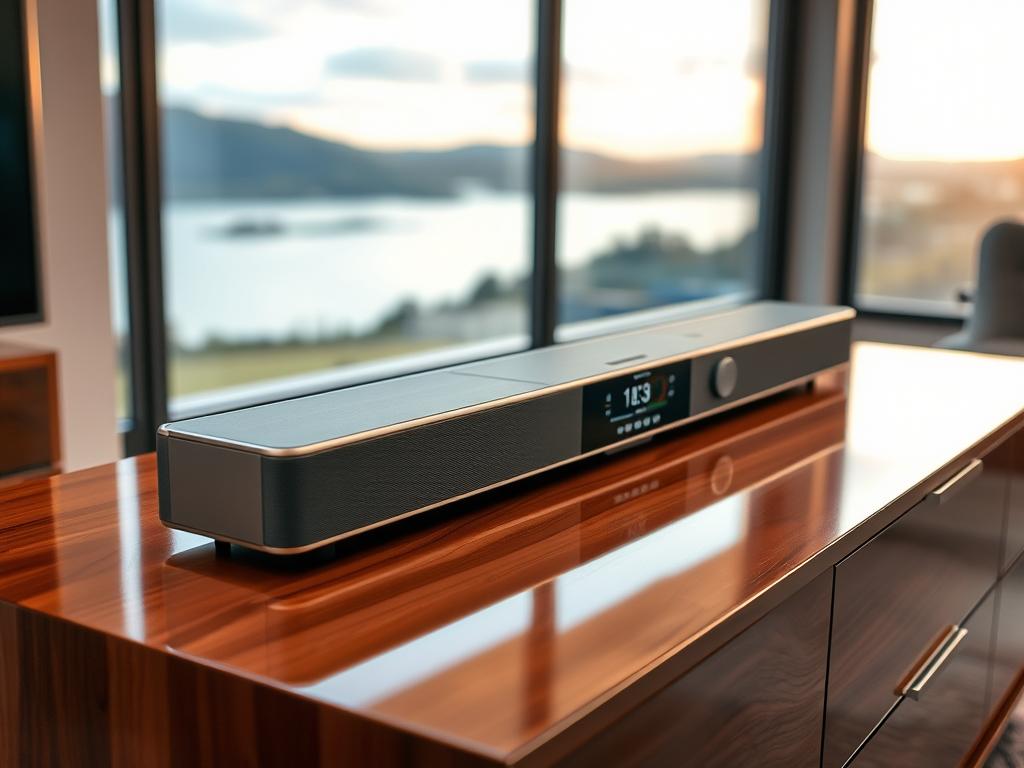 A sleek, modern soundbar with a built-in internet radio sits atop a glossy wooden media console. The soundbar features a clean, minimalist design with brushed aluminum accents and a discreet LED display. Soft, indirect lighting illuminates the space, creating a warm and inviting ambiance. The soundbar's controls are seamlessly integrated, allowing for easy navigation and selection of internet radio stations. In the background, a large window offers a scenic view, blending the device harmoniously with its surrounding environment. The overall composition conveys a sense of sophistication and technological integration, perfectly suited for the article's subject matter.