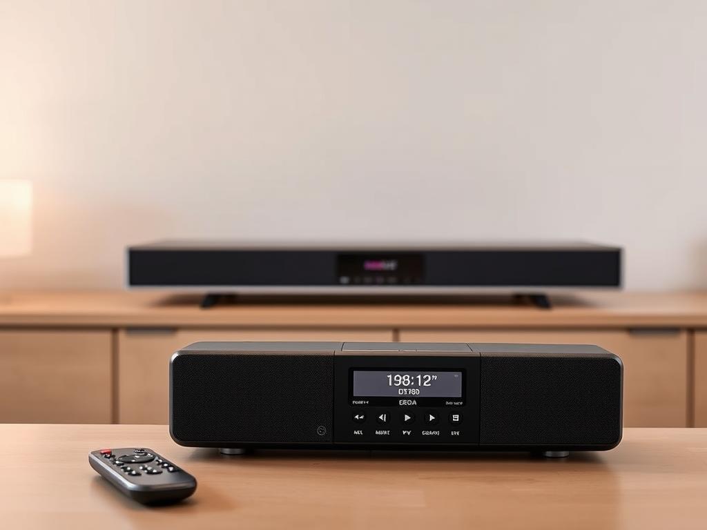 A soundbar with an integrated DAB radio sits prominently on a modern, minimalist entertainment center. The sleek, low-profile design seamlessly blends into the surrounding decor, complementing the clean lines and neutral color palette of the room. Soft, diffused lighting creates a warm, inviting atmosphere, highlighting the brushed metal accents and touch-sensitive controls of the soundbar. In the foreground, a remote control offers easy access to the radio's various functions, while the middle ground showcases the soundbar's crisp, high-quality audio output. The background features a clean, uncluttered wall, allowing the soundbar to take center stage as the focal point of the setup.
