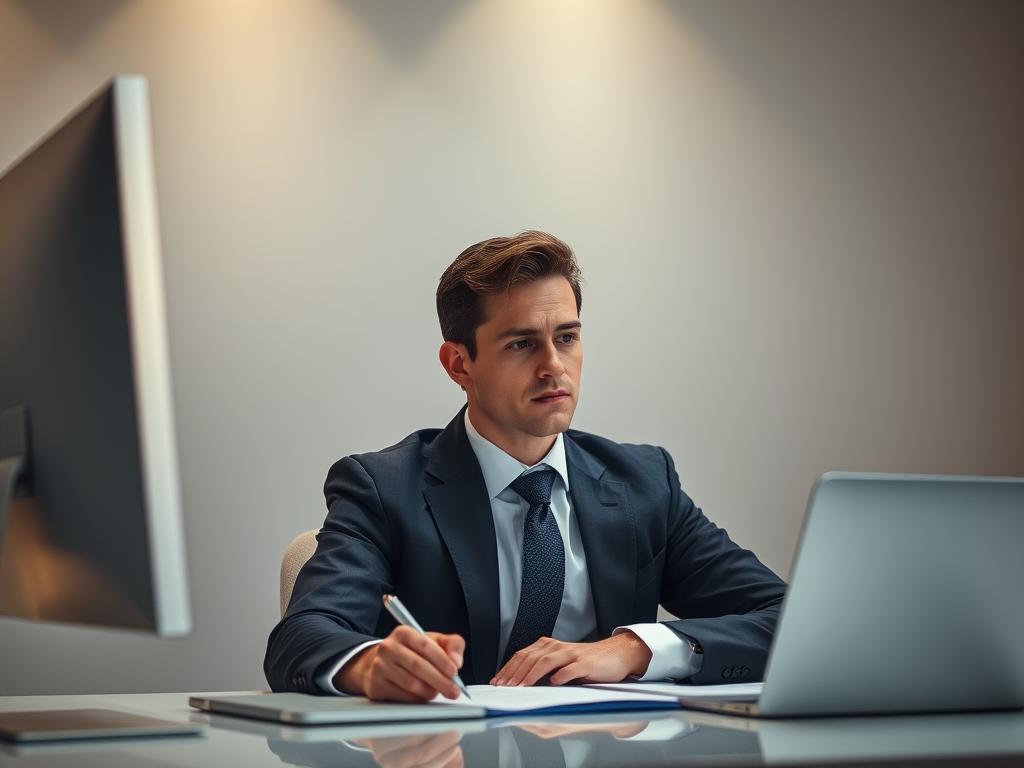 A thoughtful, technical AI writer, dressed in a tailored suit, sits at a sleek desk, deep in concentration. Their face is partially obscured by the glow of a high-resolution display, casting a warm, ambient light. The office environment is minimalist and modern, with clean lines and muted tones. Strategically placed lighting creates depth and highlights the writer's focused expression. The overall mood is one of efficiency, intelligence, and the power of AI-assisted text generation.