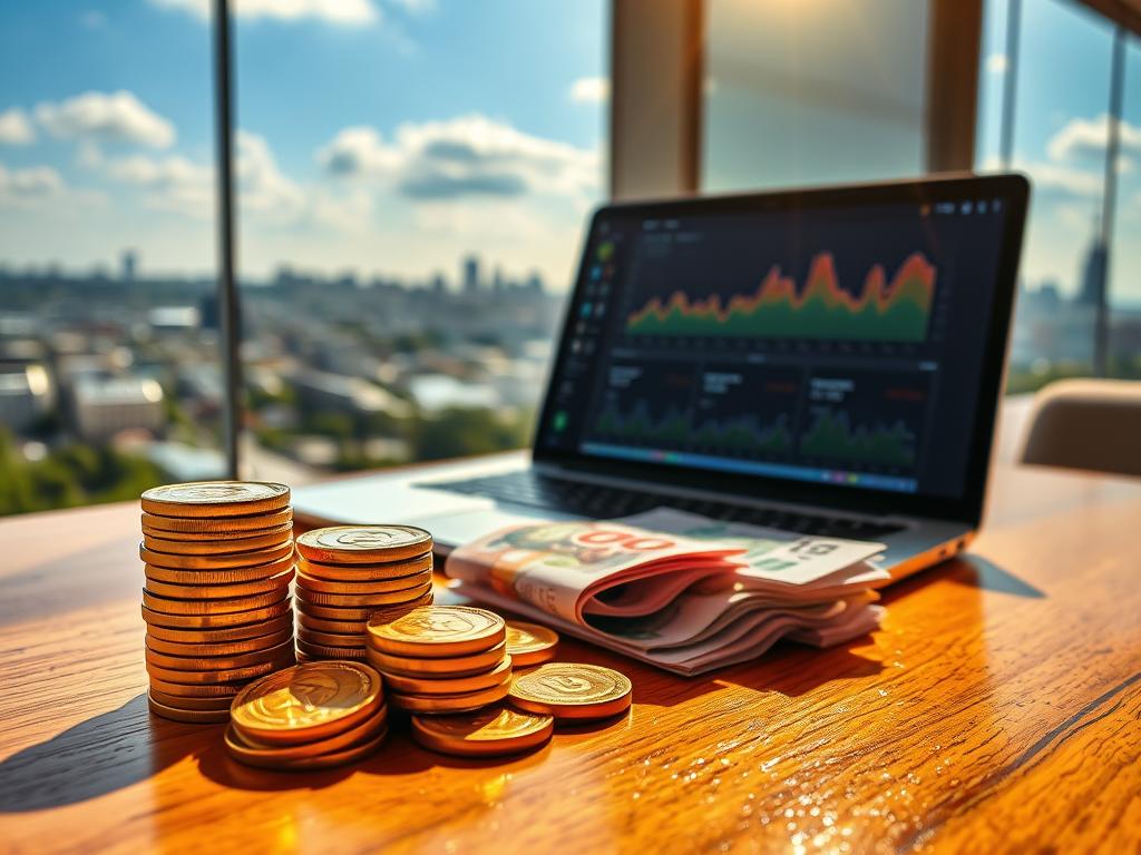 A tranquil, sun-drenched scene of diverse financial instruments, neatly arrayed on a polished wooden table. In the foreground, a stack of gold coins, their lustrous surfaces gleaming. Beside them, a handful of crisp banknotes, their vibrant colors evoking the dynamism of currency. In the middle ground, a laptop displays a financial dashboard, its screen reflecting the careful analysis of investment options. In the background, a panoramic view of a bustling city skyline, a testament to the wealth-building potential of prudent financial decisions. The overall atmosphere is one of contemplation and opportunity, inviting the viewer to explore the advantages and drawbacks of various investment strategies.