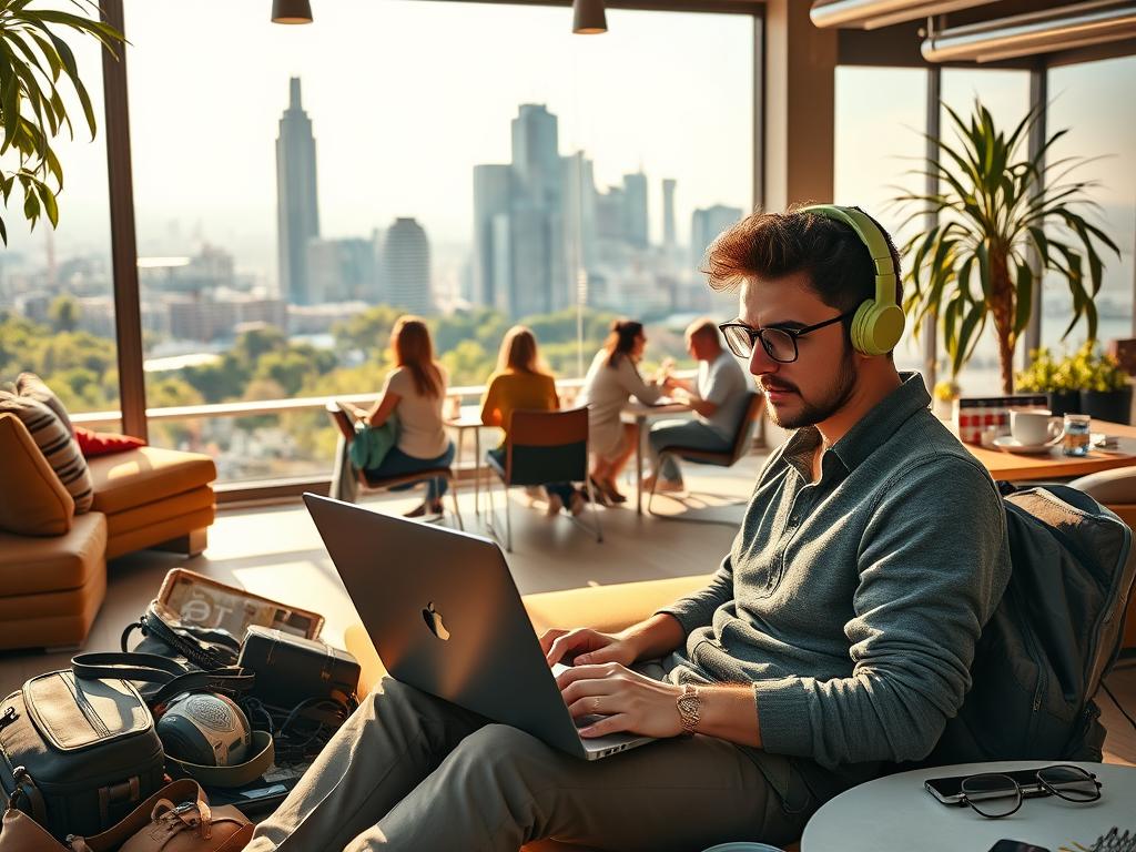 A vibrant and dynamic scene depicting the lifestyle of digital nomads. In the foreground, a young professional working remotely on a laptop, surrounded by their travel gear and personal items, conveying a sense of mobility and freedom. The middle ground features a cozy co-working space with other freelancers and remote workers collaborating and socializing, highlighting the community aspect of location-independent work. In the background, a bustling city skyline with modern architecture and lush greenery, symbolizing the global and cosmopolitan nature of this lifestyle. Warm, natural lighting casts a soft glow, creating an inviting and inspirational atmosphere. The overall composition should capture the essence of the "Ortsunabhängige Jobs" concept and inspire readers to embrace the digital nomad way of life.