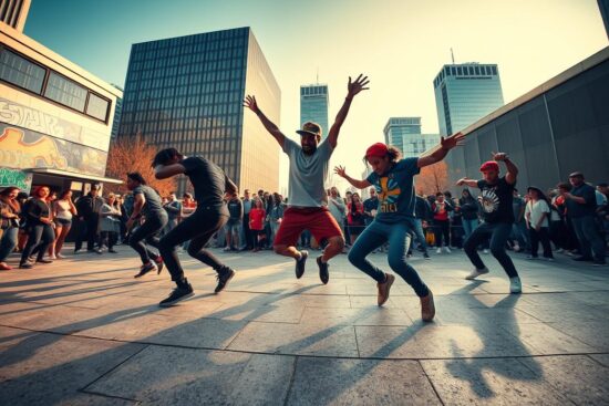 A vibrant street scene in contemporary Berlin, captured with a wide-angle lens. In the foreground, a group of hip-hop dancers perform dynamic, gravity-defying moves on a concrete stage, their bodies seemingly defying physics. The middle ground features a diverse crowd of spectators, their energy palpable as they watch the performance. In the background, the sleek, modern architecture of Berlin's cityscape provides a striking contrast, with subtle hints of graffiti and urban culture. The scene is bathed in warm, golden lighting, creating a sense of energy and vitality. The overall atmosphere is one of artistic expression, cultural fusion, and the dynamic spirit that defines Berlin's contemporary dance scene.