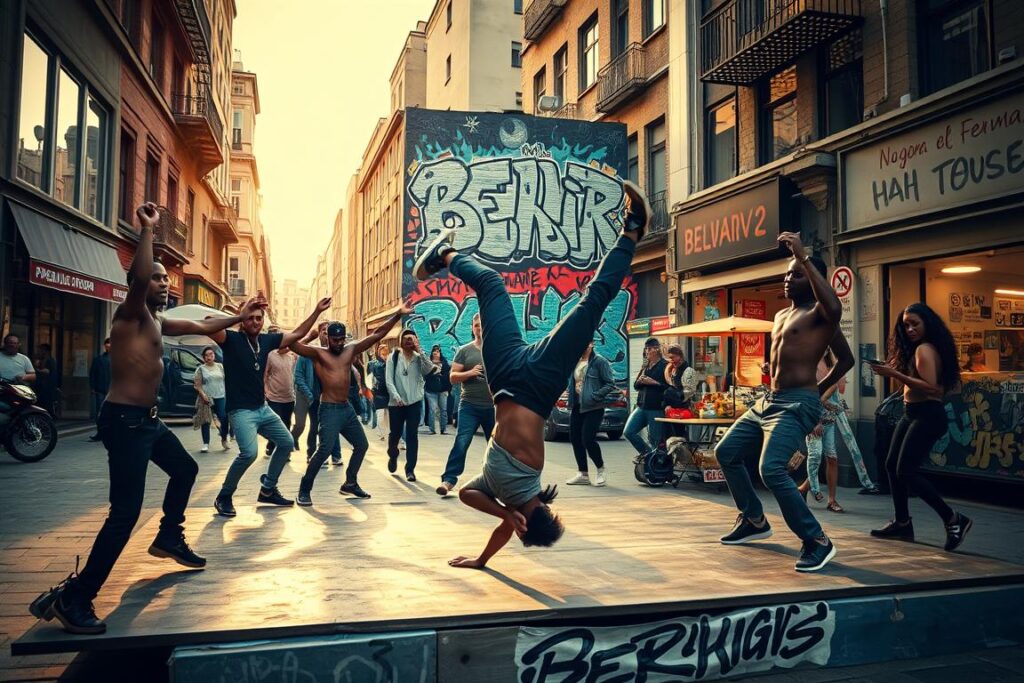 A vibrant street scene in the heart of Berlin, capturing the energy and diversity of the city's thriving hip-hop community. In the foreground, a group of breakdancers perform their athletic moves on a makeshift stage, their bodies contorted in gravity-defying shapes. In the middle ground, a mural of graffiti-style artwork adorns the walls, showcasing the artistic expression that permeates the neighborhood. The background is filled with the hustle and bustle of the city, with passersby, street vendors, and the occasional glimpse of iconic Berlin architecture. The scene is bathed in a warm, golden light, creating a sense of dynamism and celebration. The overall atmosphere captures the vibrant, community-driven nature of hip-hop culture in Berlin.