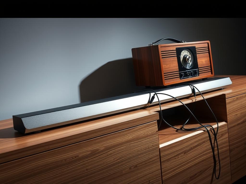 A well-lit, detailed studio scene showcasing a modern soundbar and radio system. The soundbar rests on a sleek, minimalist wooden entertainment unit, its clean lines and brushed metal accents gleaming under soft, directional lighting. Nearby, a classic-style radio with a wood-paneled casing sits atop the unit, its illuminated dial and knobs inviting interaction. Carefully arranged audio cables snake between the devices, highlighting the seamless connectivity. The overall atmosphere is one of high-fidelity audio excellence, with a touch of retro-inspired design elegance.