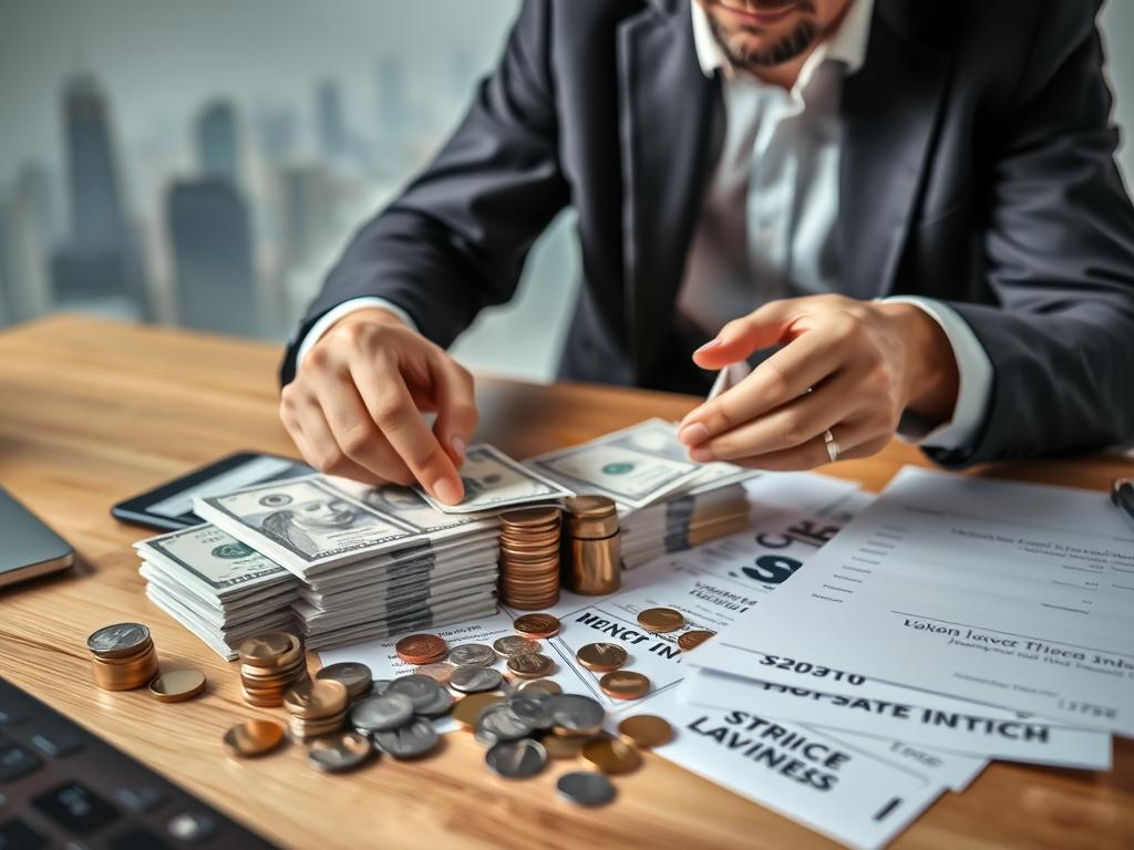 A well-lit, meticulously detailed scene of a person carefully arranging and organizing various financial instruments - stacks of cash, coins, investment certificates, and financial documents - on a clean, minimalist wooden desk. The subject's expression is one of focus and intentionality, conveying the importance and care taken in understanding the fundamentals of personal finance and investment. The background features a subtle, out-of-focus cityscape, suggesting the broader context of financial markets and the economy. The overall composition and lighting create a sense of calm, confidence, and professionalism, perfectly suited to illustrate the section on "Understanding the Basics of Investing".