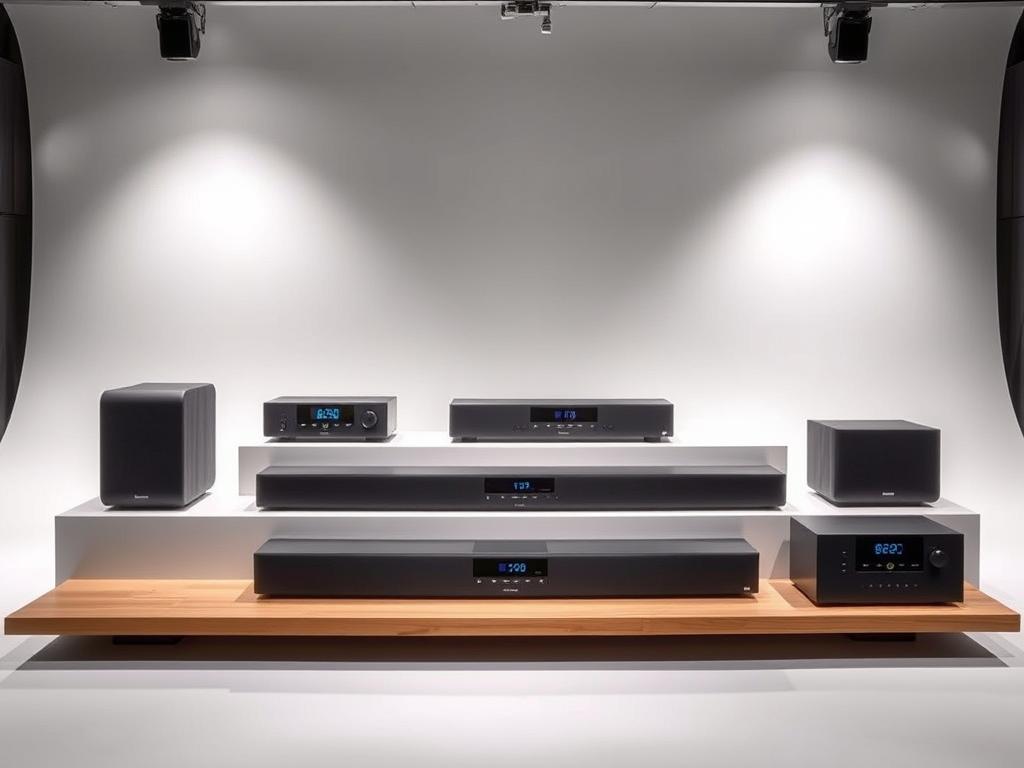 A well-lit studio setting showcasing an array of sleek, modern soundbars with integrated radios. The soundbars are positioned on a minimalist wooden or glass display table, allowing their design details and features to be clearly visible. The lighting is soft and evenly distributed, highlighting the textures and finishes of the products. The background is a simple, clean backdrop, such as a seamless white or gray paper or fabric, allowing the soundbars to be the focal point. The overall mood is professional, informative, and showcases the high-quality, premium nature of the featured soundbars with radios.