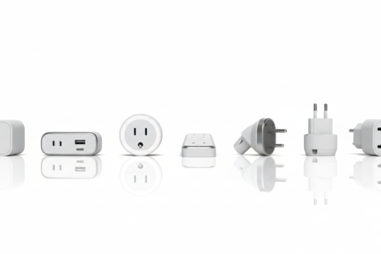 Smarte Steckdose Test zeigt verschiedene WLAN-Steckdosen auf weißem Hintergrund