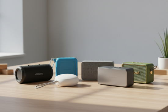 Verschiedene Bluetooth Lautsprecher unter 50 Euro im Vergleichstest auf einem Holztisch